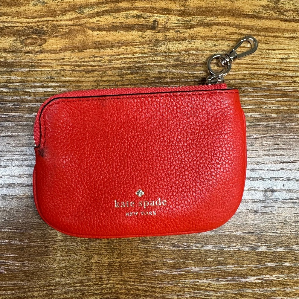 Kate Spade New York Red Pebbled Leather Zip Coin Pouch Keychain Wallet